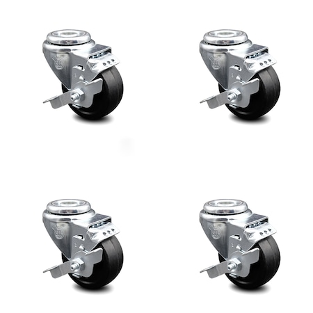 Service Caster 3.5 Inch Soft Rubber Wheel Swivel Bolt Hole Caster Set with Brake SCC-BH20S3514-SRS-TLB-4
